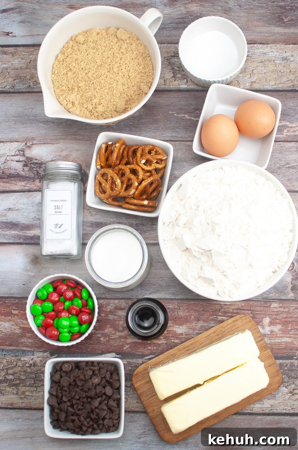 an overhead image showing the measured ingredients needed to make a batch of easy christmas cookies for santa