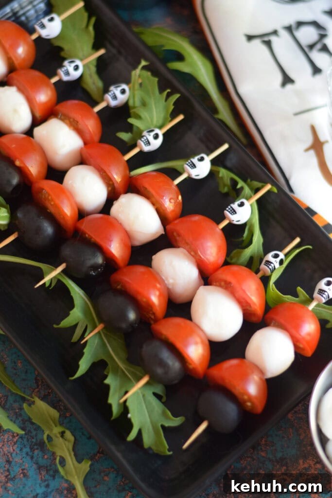 Halloween Antipasto Skewers: Festive Appetizer Ideas for Parties 3 Close up of antipasto skewers for halloween.