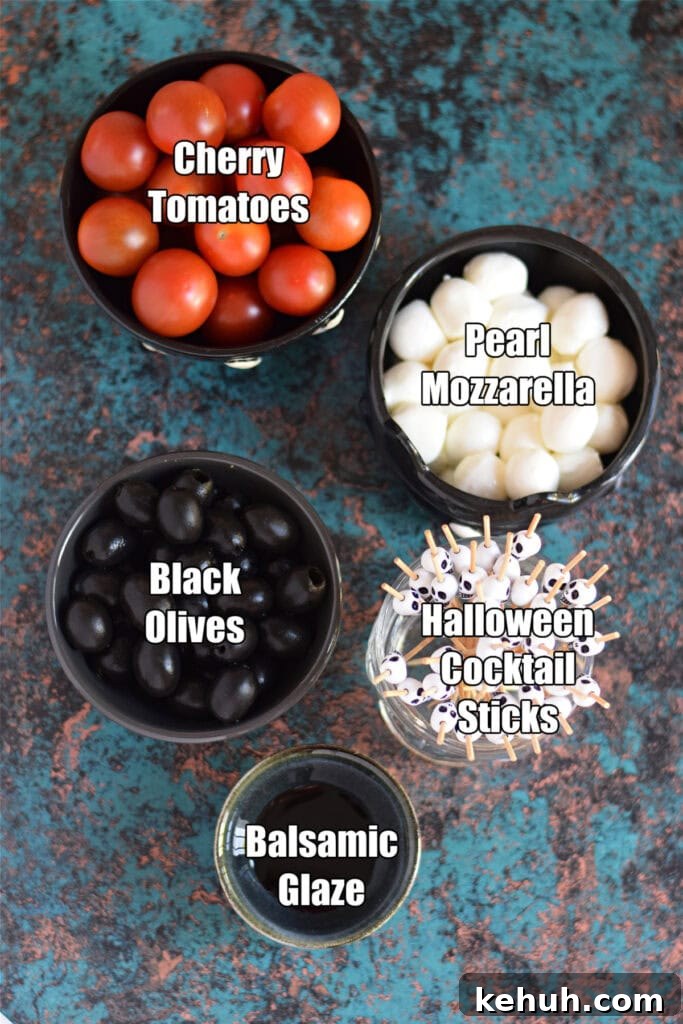 Halloween Antipasto Skewers: Festive Appetizer Ideas for Parties 4 Ingredients to make halloween anitpasto skewers.