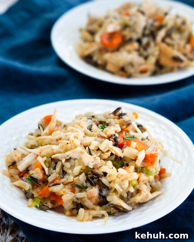 Instant Pot Chicken & Rice: One-Pot Comfort Meal Recipe 5 A white plate of chicken and rice filled with carrots, onions, and herbs over a blue cloth. A second plate is in the background.