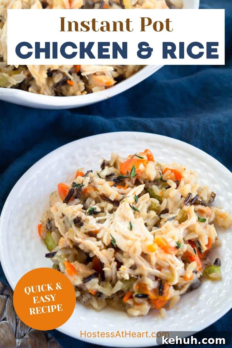Instant Pot Chicken & Rice: One-Pot Comfort Meal Recipe 8 A white plate filled with shredded chicken, wild rice, colorful veggies that were made in an instant pot - Hostess At Heart