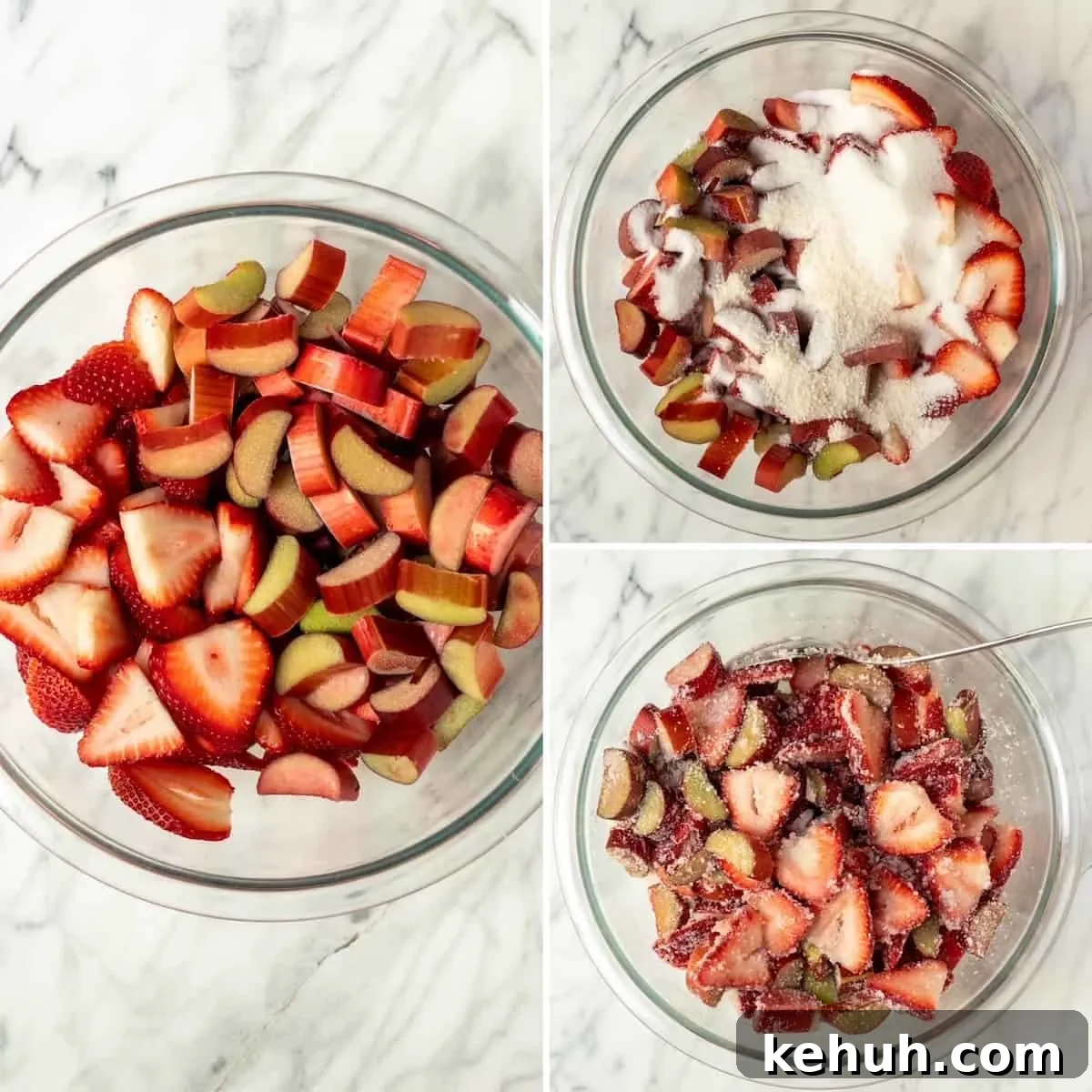Three photo process collage, how to make the strawberry rhubarb pie filling.