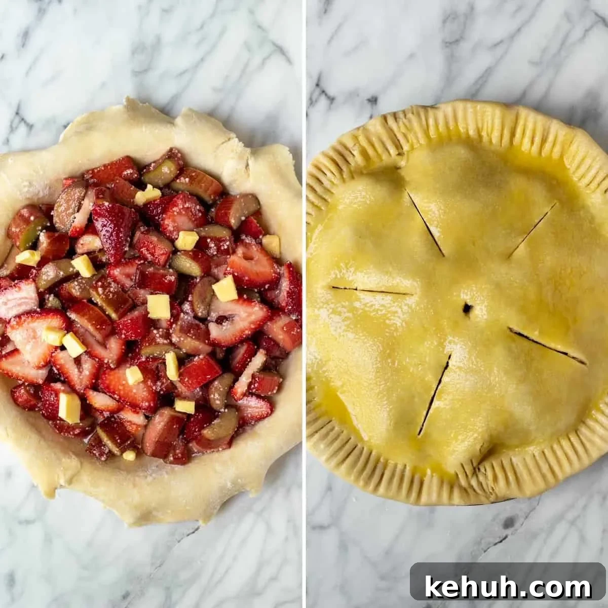 Two photo process collage, filling the pie and dotting with butter, top pie crust slit with vents and crimped.