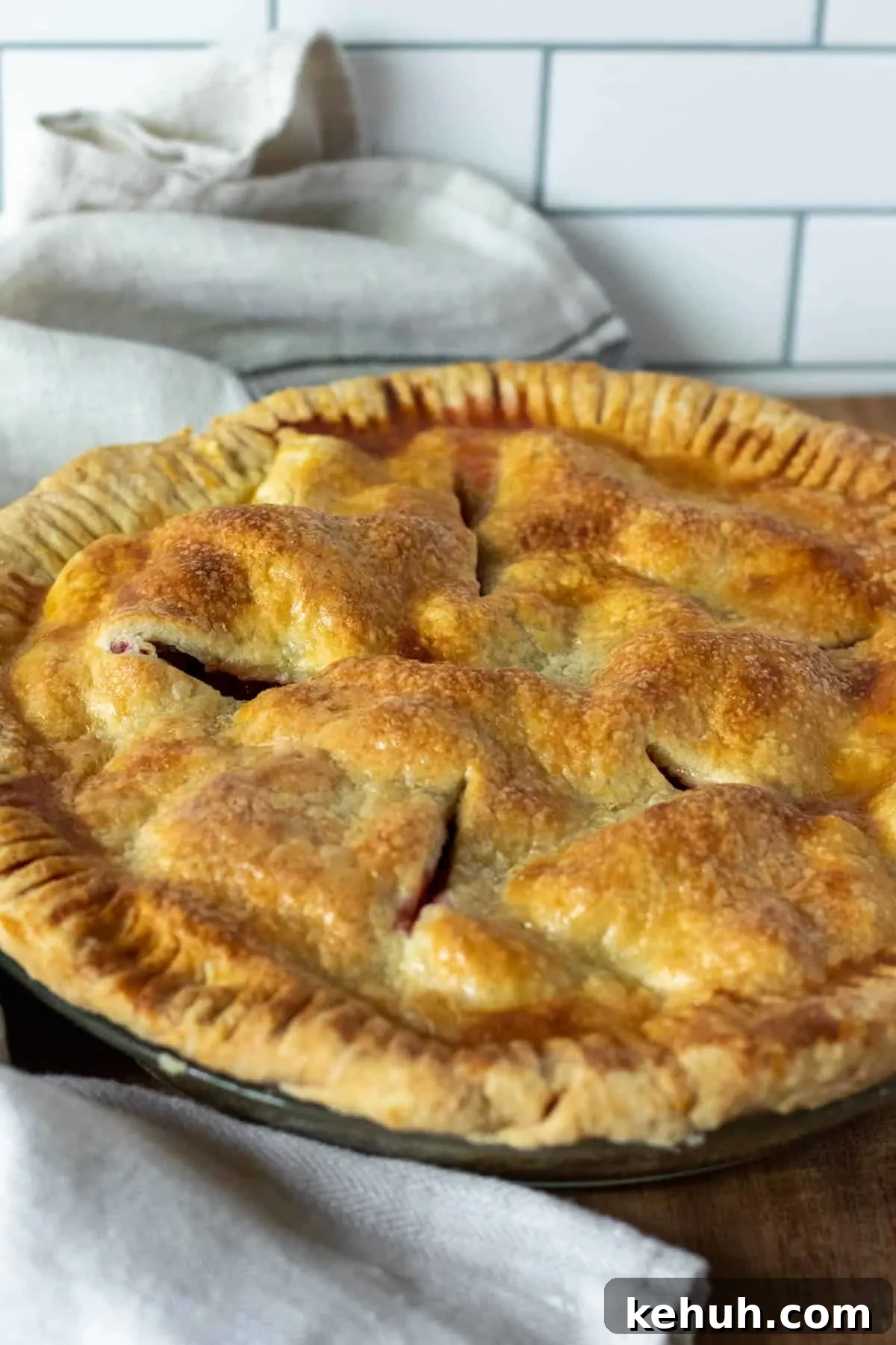 Finished pie out of oven, cooling on counter.