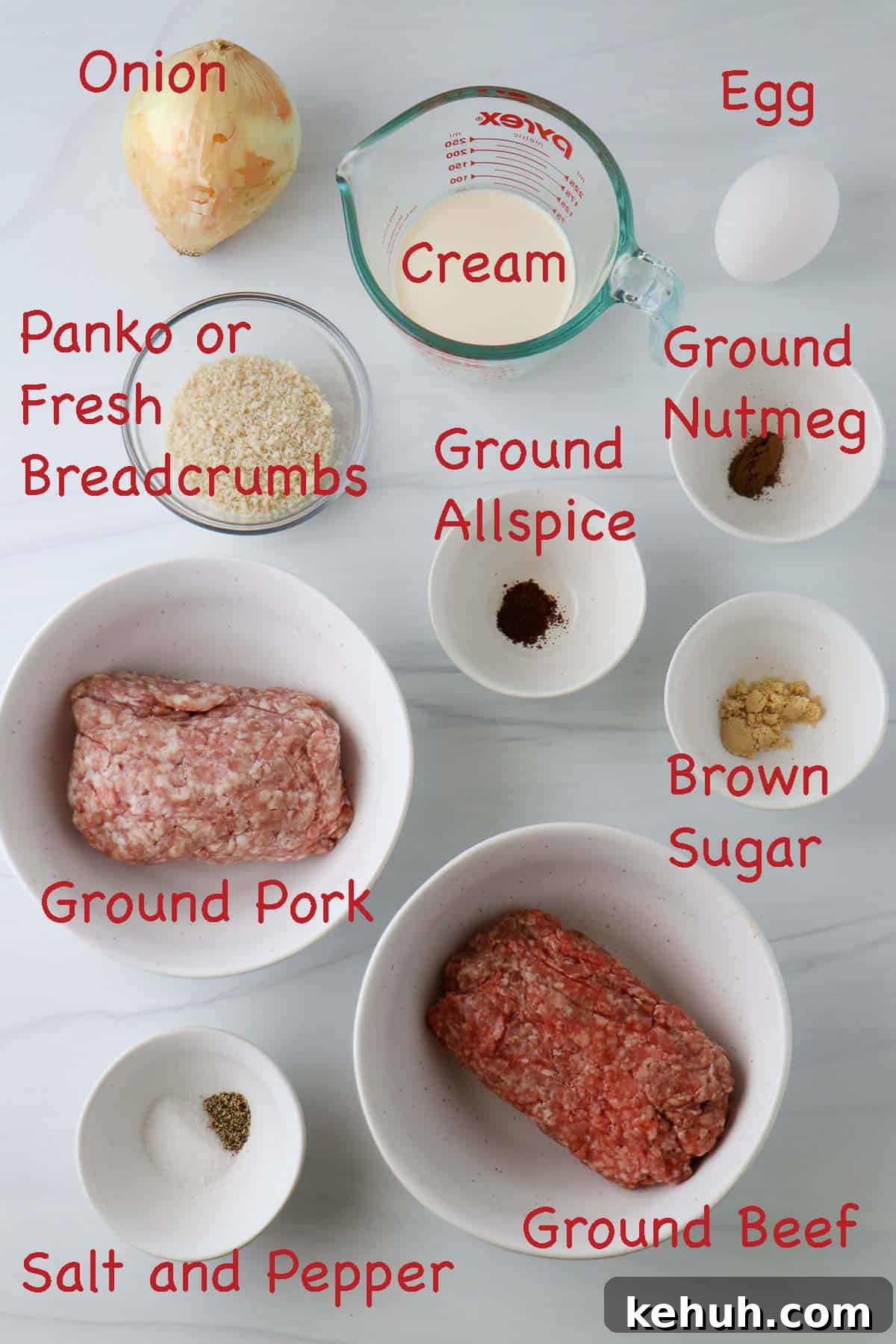 Classic Swedish Meatballs with Creamy Gravy (Köttbullar) 3 Labeled ingredients for Easy Swedish Meatballs with Gravy.