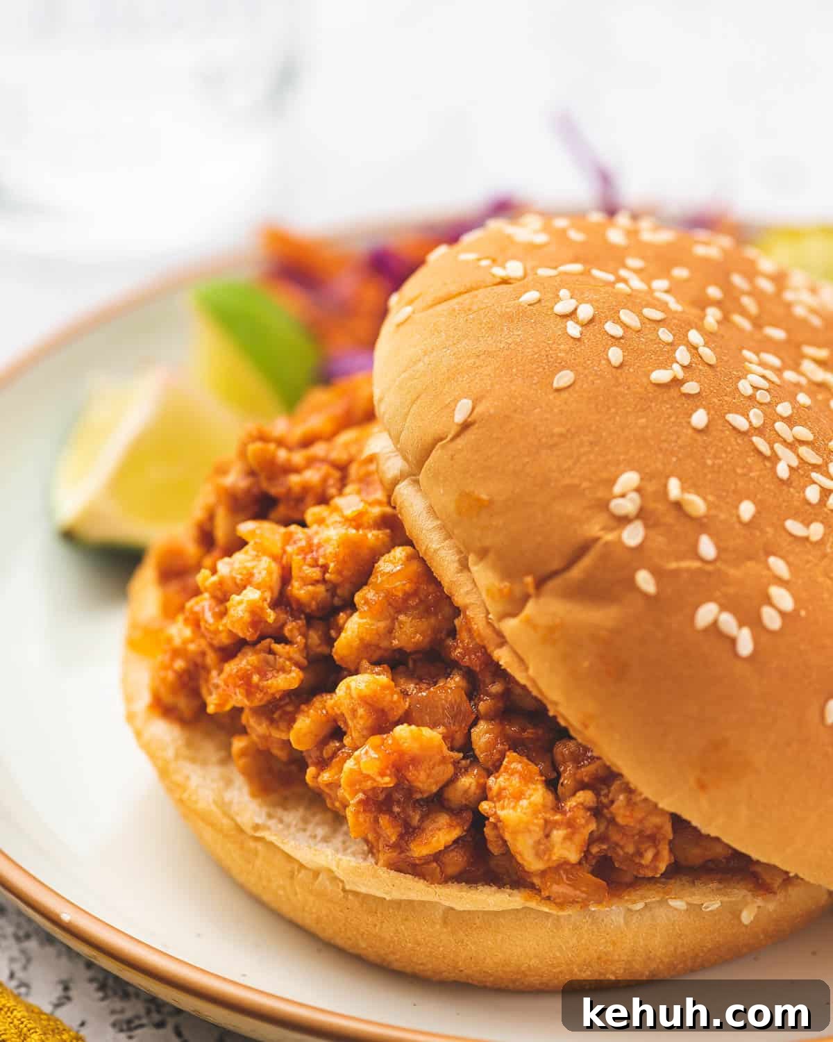 Close up of chicken sloppy joes in a burger bun.
