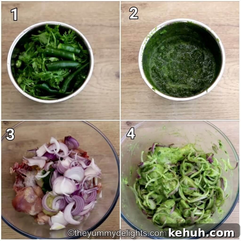 collage of 4 images showing how to make green chilli chicken. It shows making green chilli paste and marinating the chicken.