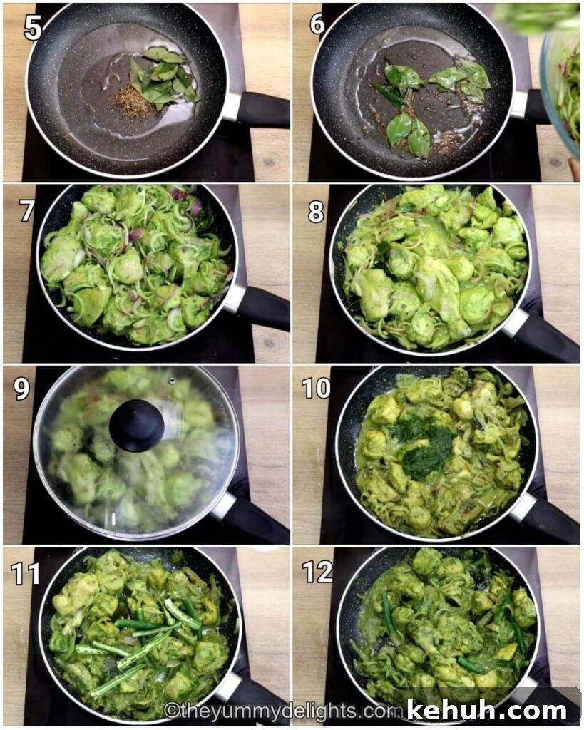 step by step image collage of making the andhra green chilli chicken recipe. It shows tempering, sauteing marinated chicken and addition of green chilli paste and cooking it.