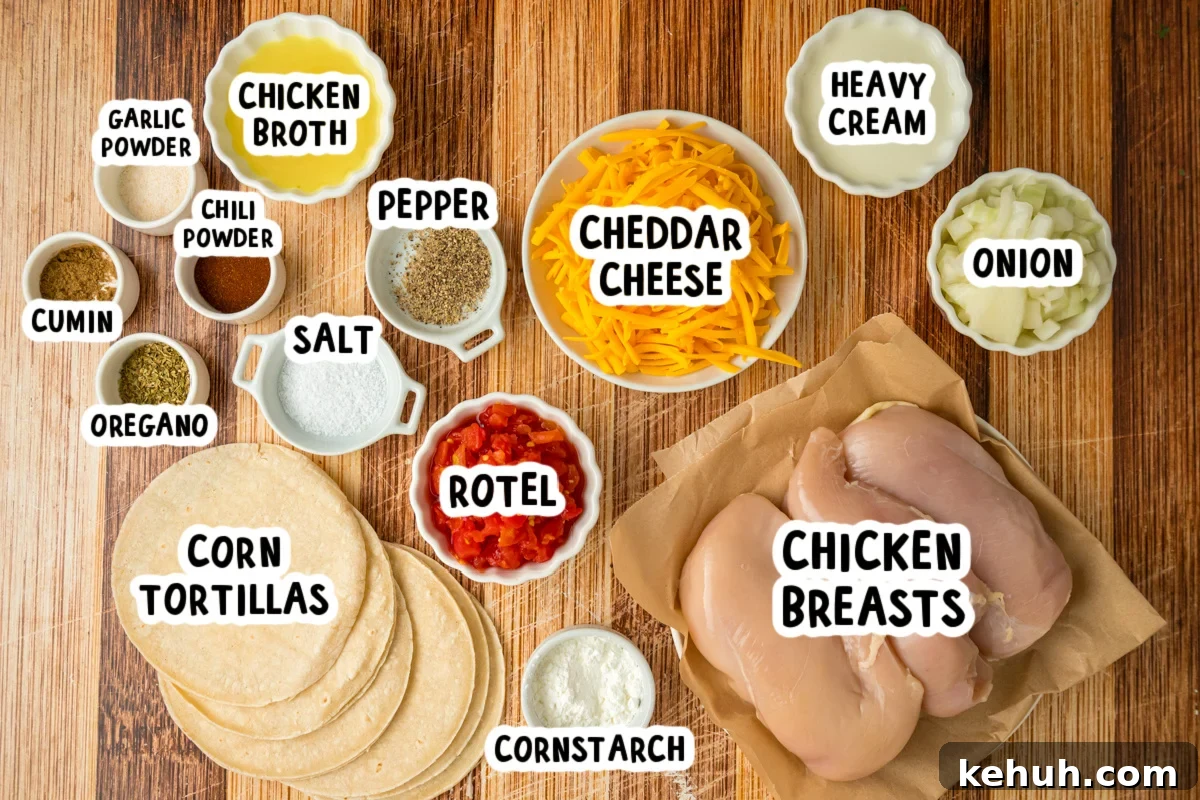 Ingredients for making king ranch chicken casserole on a table.