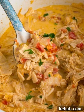 A metal spoon scooping chicken from a crockpot.