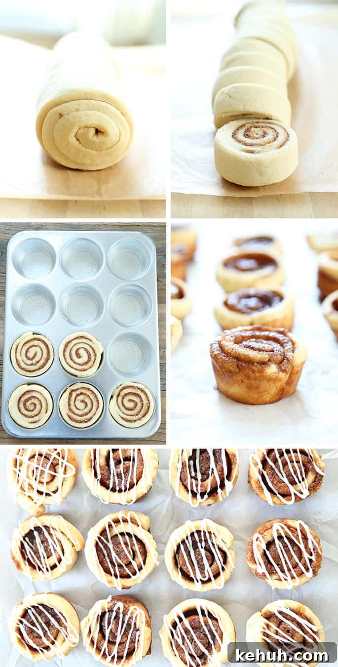 Cinnamon Rolls Without Gluten or Yeast: Soft, Fluffy Recipe 3 Cinnamon bun dough in muffin tray and cinnamon buns on white surface