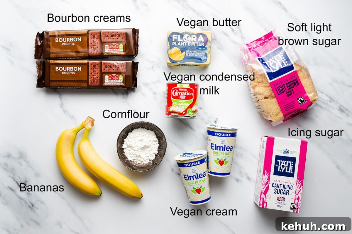 Decadent Vegan Banoffee Pie Recipe for Creamy Caramel Banana Dessert 3 overhead shot of the ingredients for vegan banoffee pie with labels