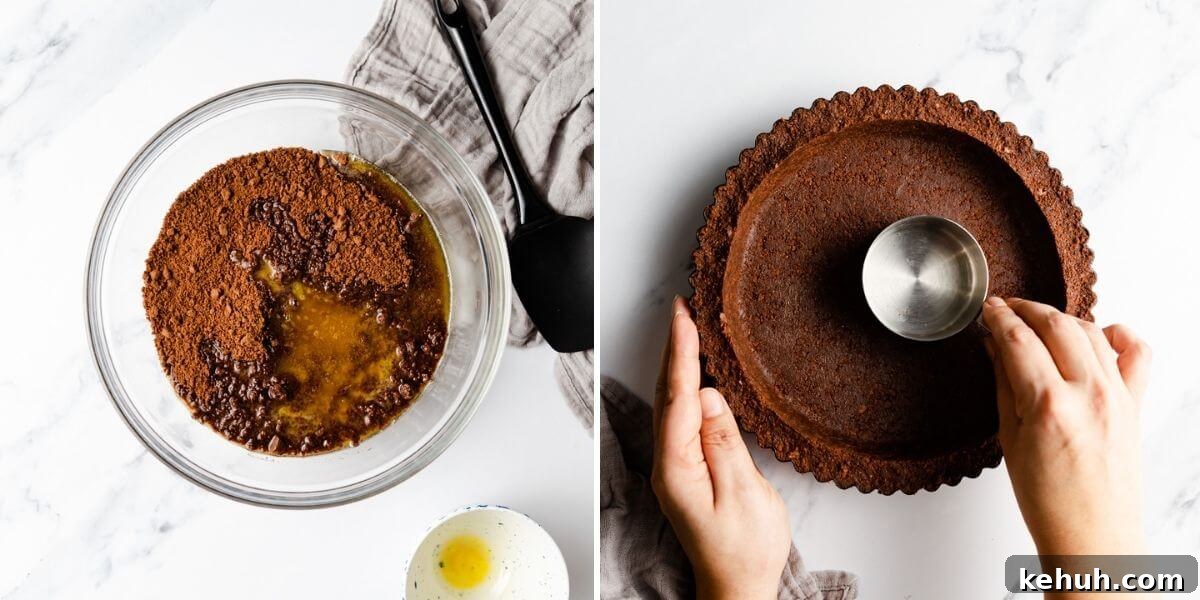 Decadent Vegan Banoffee Pie Recipe for Creamy Caramel Banana Dessert 4 side by side photos showing the process of making the crust for the vegan banoffee pie