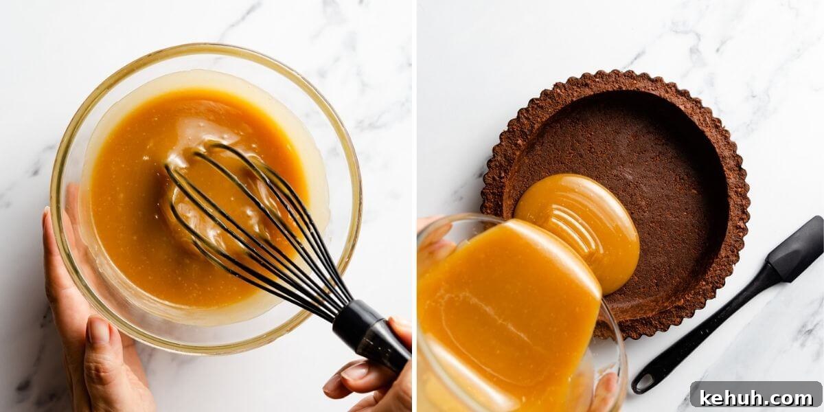 Decadent Vegan Banoffee Pie Recipe for Creamy Caramel Banana Dessert 5 side by side photos showing vegan caramel in a bowl and being poured into pie tin