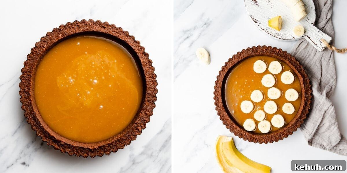 Decadent Vegan Banoffee Pie Recipe for Creamy Caramel Banana Dessert 6 side by side photos showing banoffee pie being made