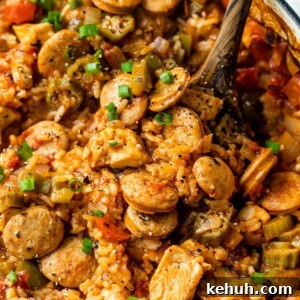 Authentic Chicken and Sausage Jambalaya Recipe for Packed Flavor 8 close-up of chicken and sausage jambalaya in a dutch oven with a wooden spoon
