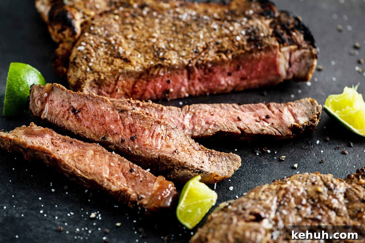 How to Tell Steak Doneness Without a Meat Thermometer 2 Grilled Mexican Rib-Eye Steaks sliced on cutting board with limes