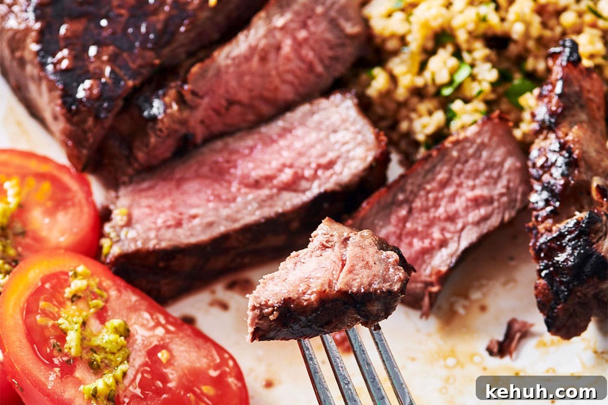 How to Tell Steak Doneness Without a Meat Thermometer 3 Fork with piece of sliced grilled NY strip steak over plate.