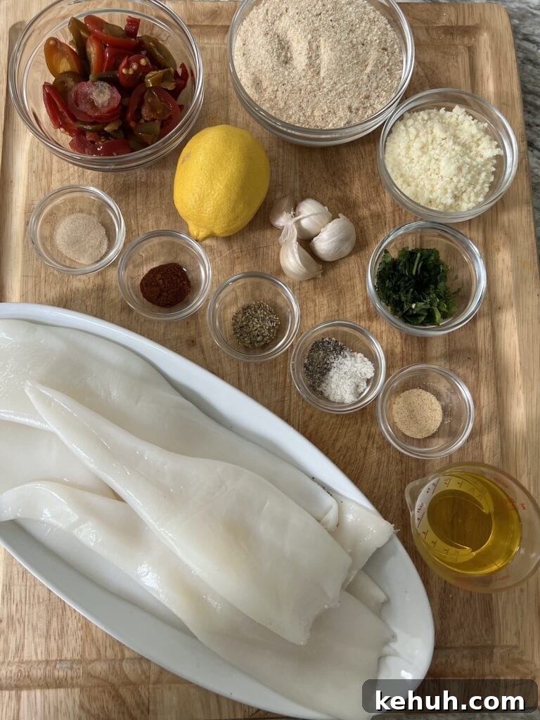 Crispy Baked Calamari: Oven-Fried Taste Without Deep Frying 4 All ingredients for crispy calamari recipe on cutting board.