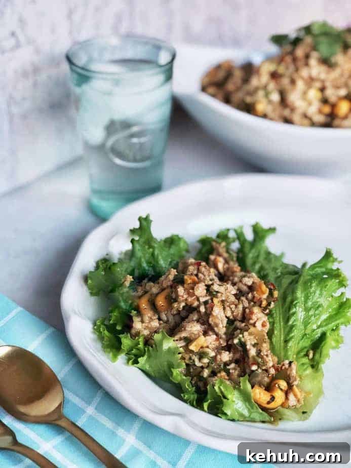 Thai Turkey Lettuce Wrap Recipe with Zesty Peanut Sauce 2 lettuce leaves filled with Thai turkey mixture