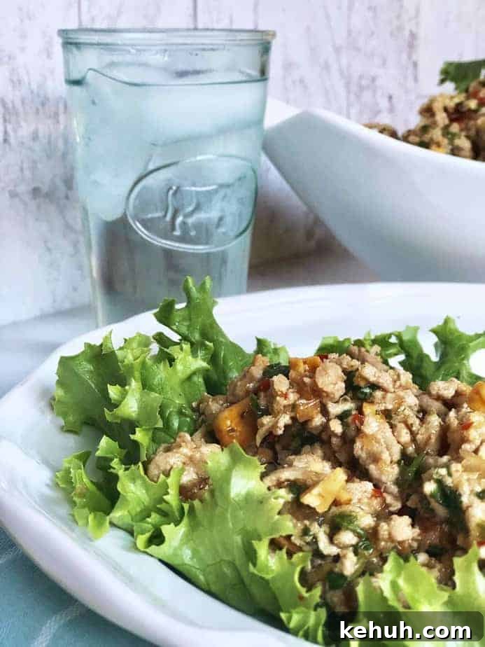 Thai Turkey Lettuce Wrap Recipe with Zesty Peanut Sauce 6 Thai Turkey lettuce wraps on white plate