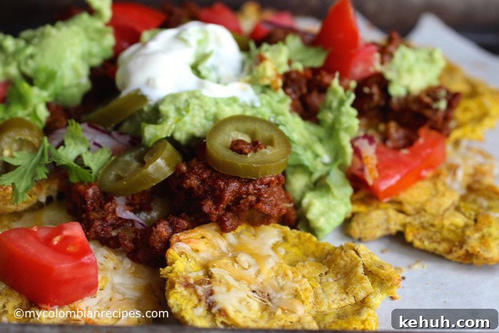 Patacón Nachos: Loaded Plantain Chips with Beef & Cheese 6 Patacón Loaded Nachos