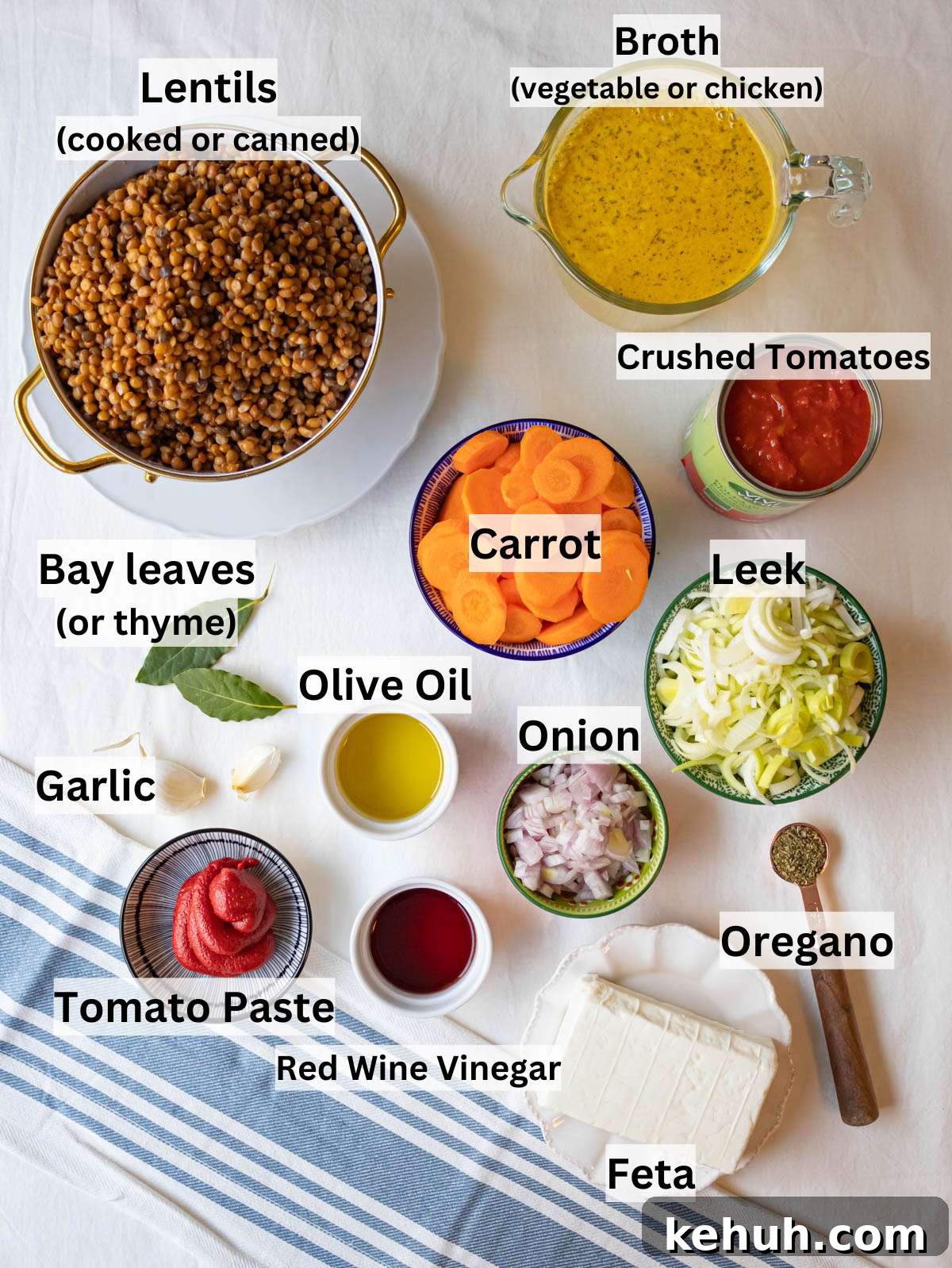 Authentic Greek Lentil Soup (Fakes) — Simple, Flavorful Recipe 3 Ingredients for Greek lentil soup arranged on a table with olive oil and vegetables.