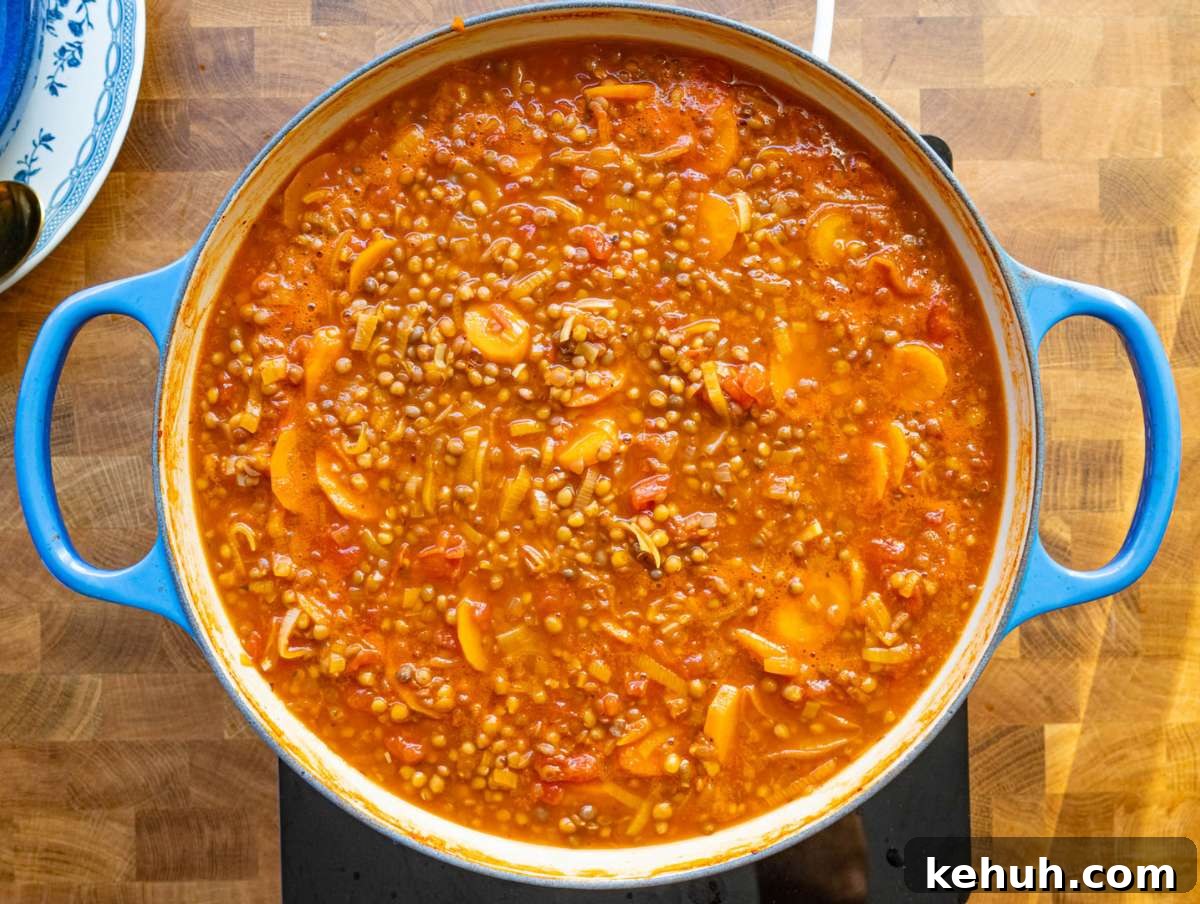 Authentic Greek Lentil Soup (Fakes) — Simple, Flavorful Recipe 6 Step 3 simmering lentil soup until thick and rich with Mediterranean aroma.