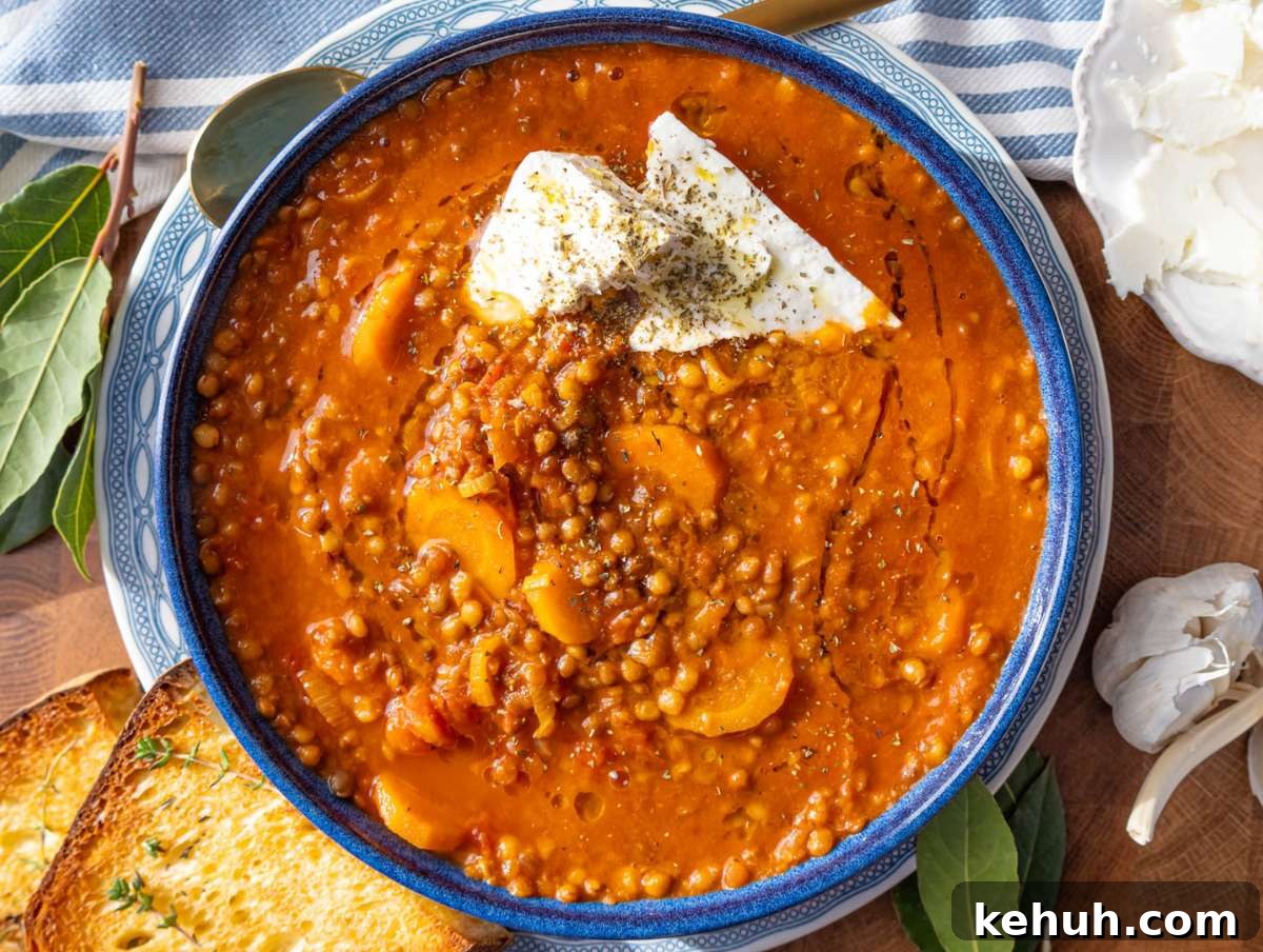 Authentic Greek Lentil Soup (Fakes) — Simple, Flavorful Recipe 7 Step 4 Hearty Greek lentil soup in a bowl topped with olive oil oregano and chunks of feta.