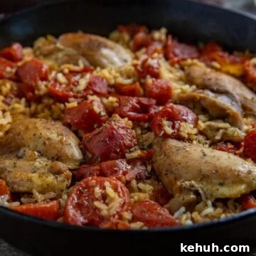 Cooked recipe in a cast iron skillet.