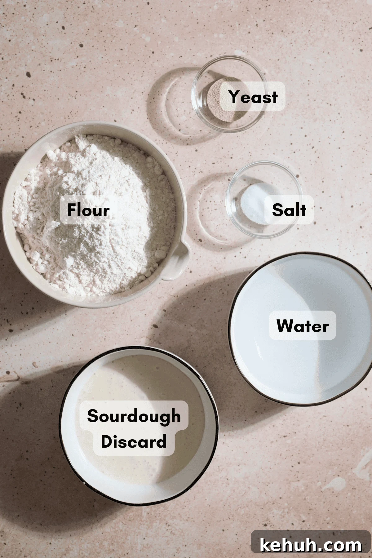 Sourdough Discard Bread Recipe: Crispy Crust, Soft Crumb 3 Ingredients for Sourdough Discard Bread in small bowls.