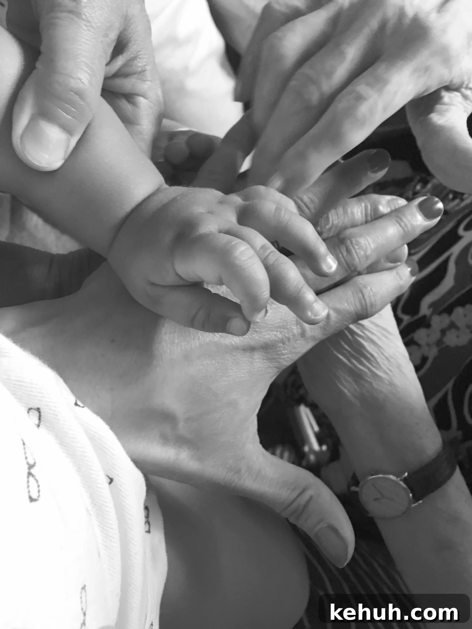 Black and white photo of many hands of different sizes.