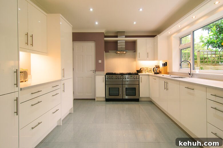 Spacious white kitchen with modern appliances