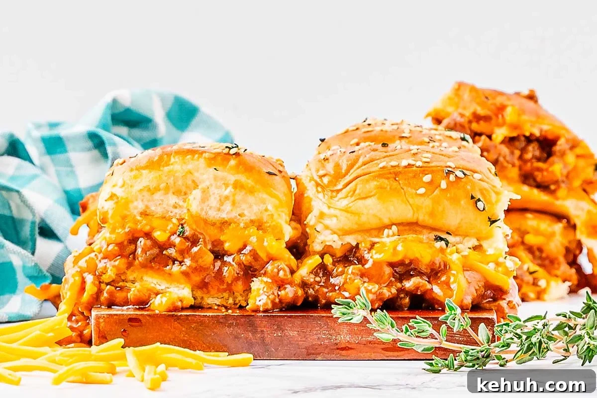 Savory Sloppy Joe Sliders Recipe for Game Day and Parties 2 A close-up of three cheesy sloppy joe sliders on a wooden board, garnished with fresh herbs. A checked cloth is in the background.