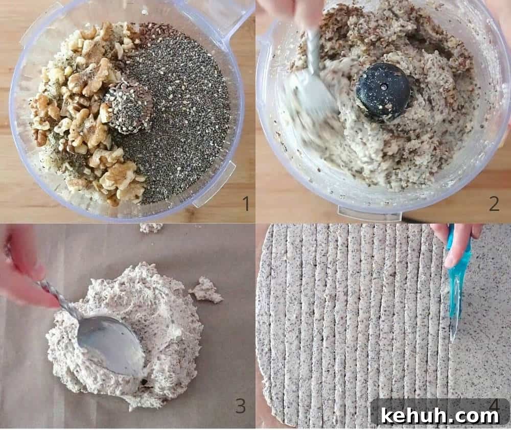 Crispy Quinoa Cracker Sticks — Gluten-Free Vegan Snack 4 Process shots showing steps for making homemade quinoa crackers: cooked quinoa, nuts and seeds before blending (in a food processor) and after blending, showing how the wet dough looks like and the process of rolling thin on parchment paper.