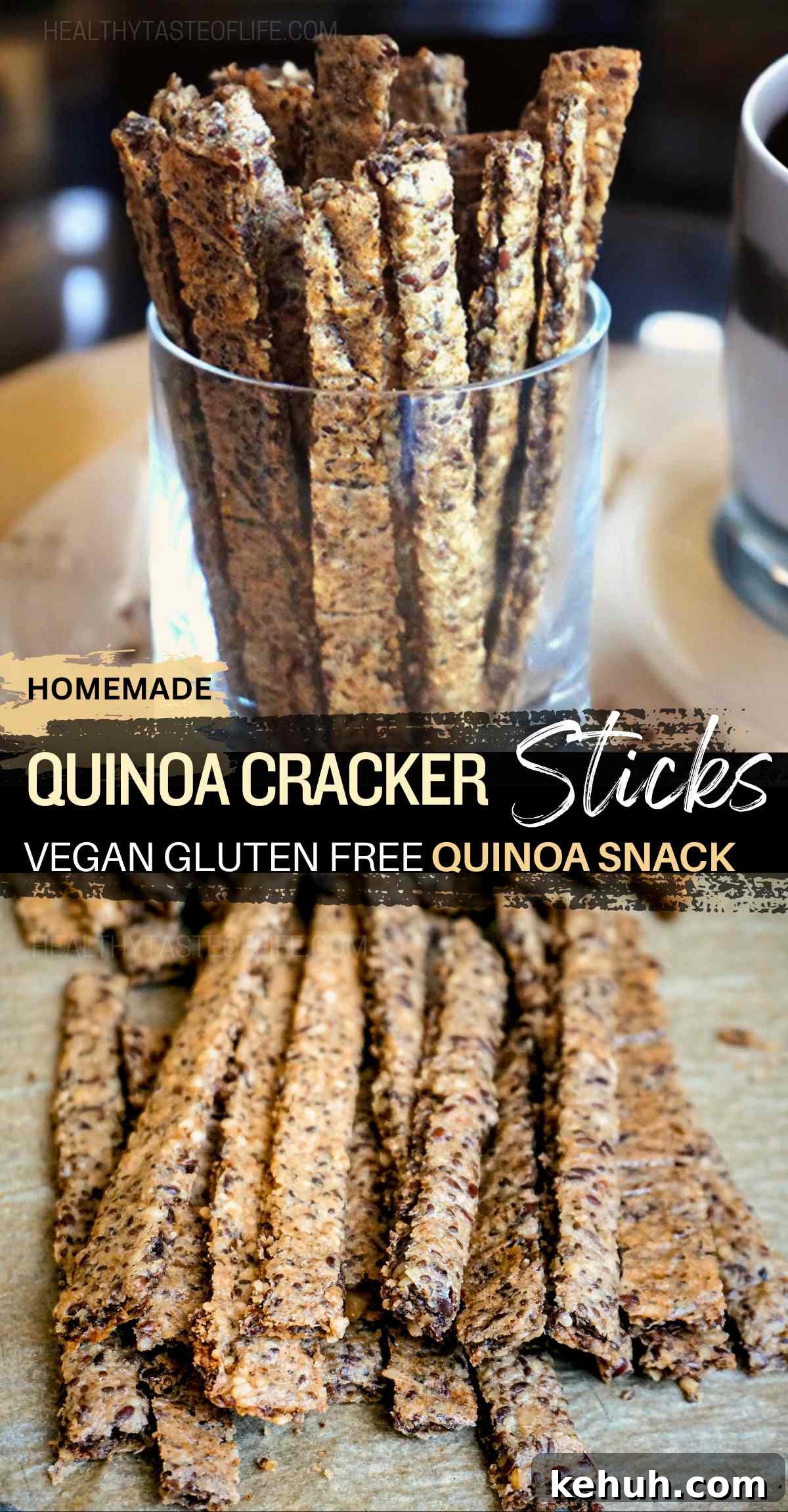 Crispy Quinoa Cracker Sticks — Gluten-Free Vegan Snack 6 Crunchy, healthy snack: homemade quinoa cracker sticks - gluten-free, vegan, and packed full of nutritious ingredients like quinoa, walnuts, and various seeds. Easy to make, these quinoa crackers are perfect for snacking on their own or pairing with your favorite dips and salads.
