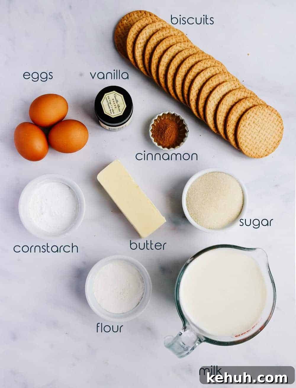 Ingredients for milk tart with biscuits, milk, eggs, flour, cinnamon, and sugar.