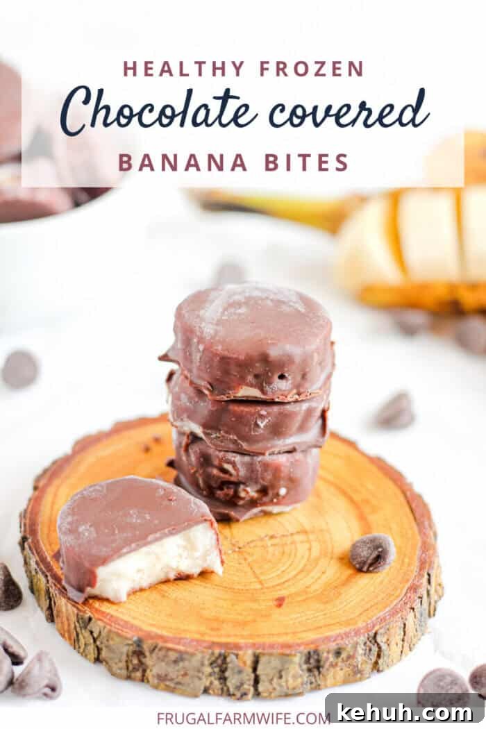 Image shows several slices of chocolate covered banana bites with text that reads 'Healthy Frozen Chocolate covered Banana Bites'