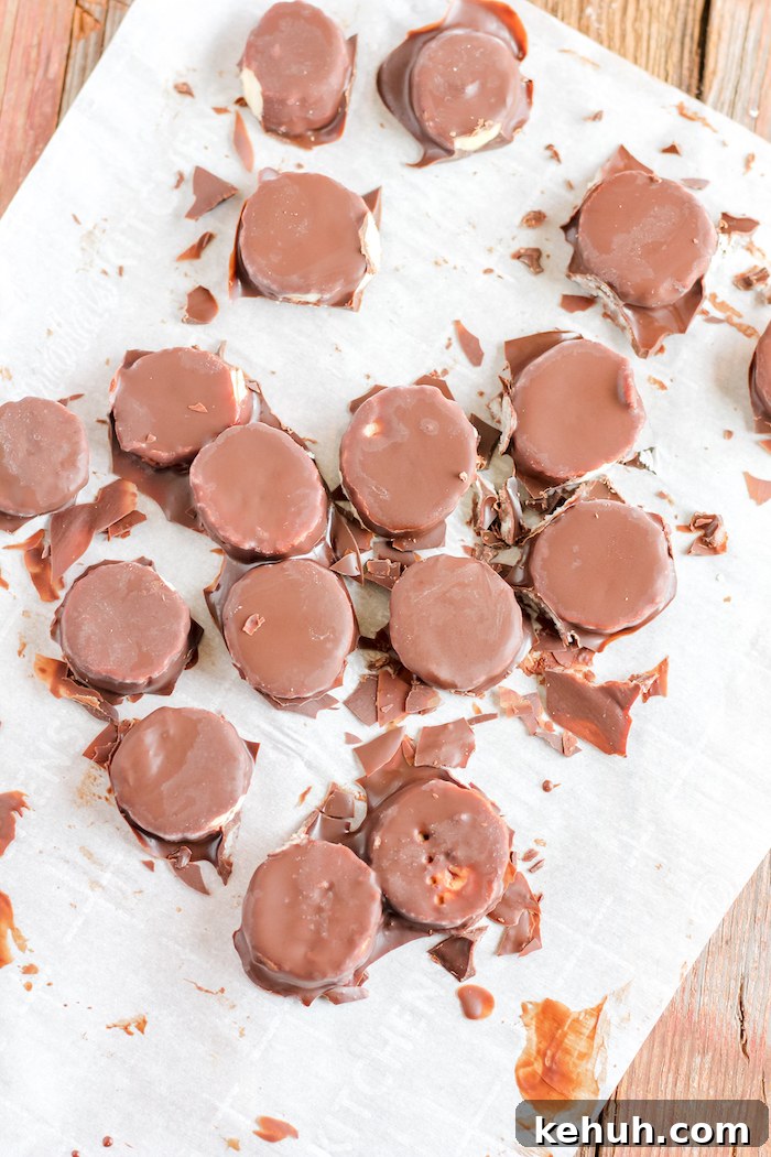 Photo shows a number of chocolate covered banana slices on parchment paper