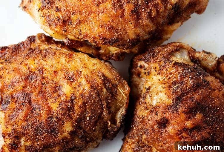 Keto 4th of July Recipes for Your Patriotic Cookout 13 overhead view of three cooked brown pieces of air fryer chicken thighs on a white serving dish