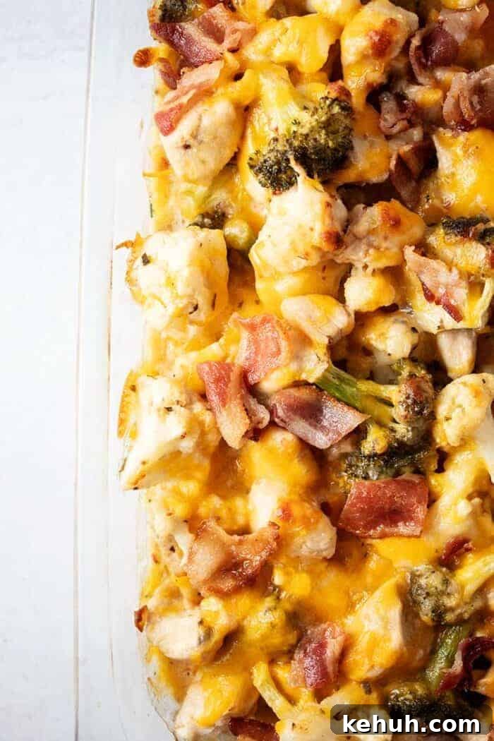 Keto 4th of July Recipes for Your Patriotic Cookout 21 overhead view of casserole dish with keto chicken bacon ranch casserole in it