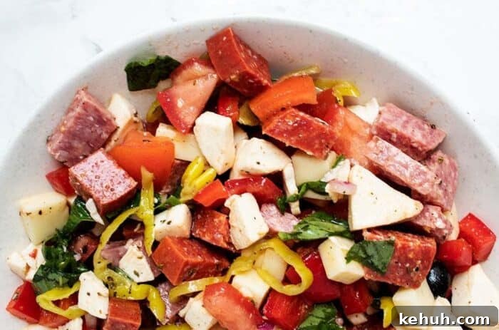 Keto 4th of July Recipes for Your Patriotic Cookout 49 closeup of keto anitpasto salad served in a salad bowl