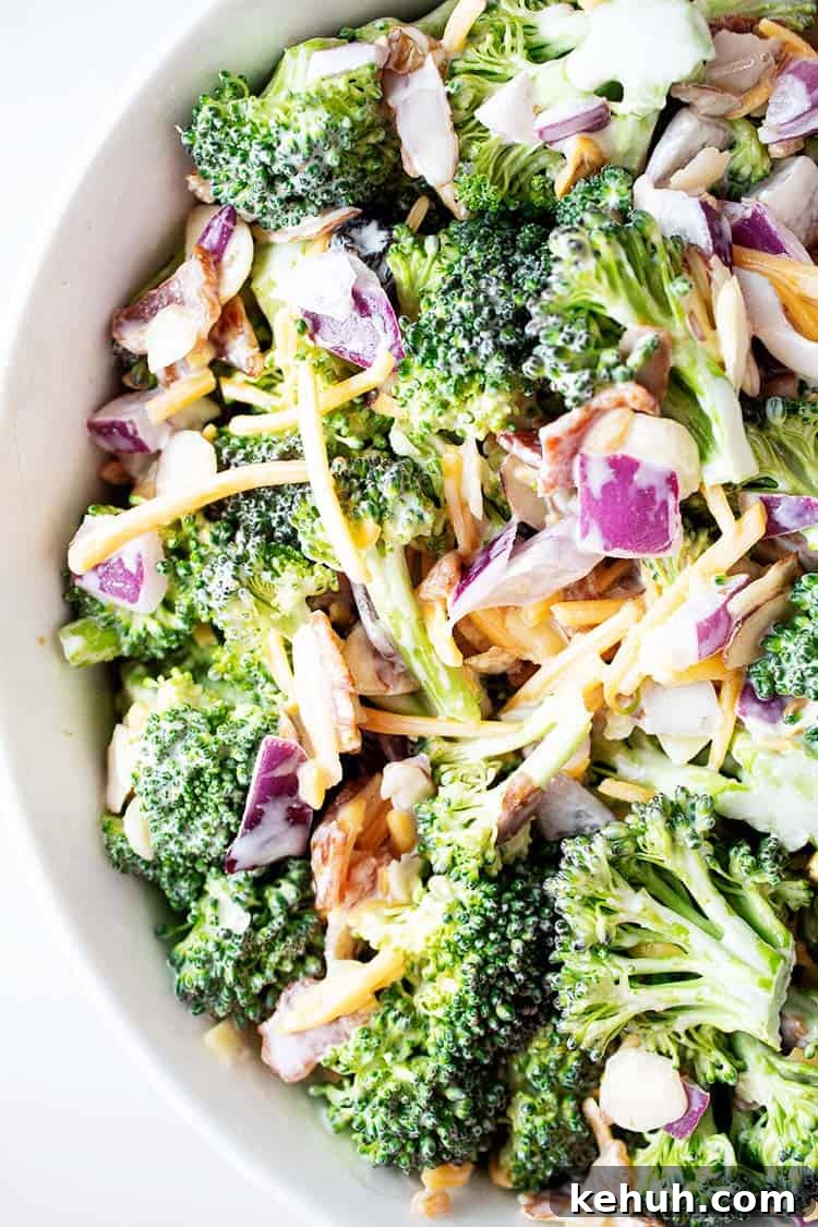 Keto 4th of July Recipes for Your Patriotic Cookout 51 overhead view of keto broccoli salad in a white serving bowl