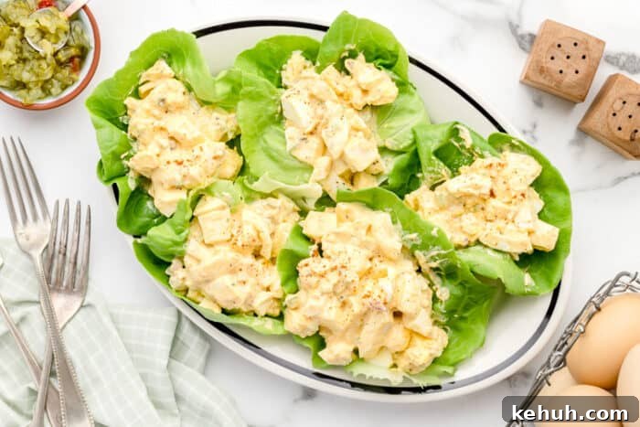 Keto 4th of July Recipes for Your Patriotic Cookout 53 overhead view of bibb lettuce with keto low carb egg salad inside