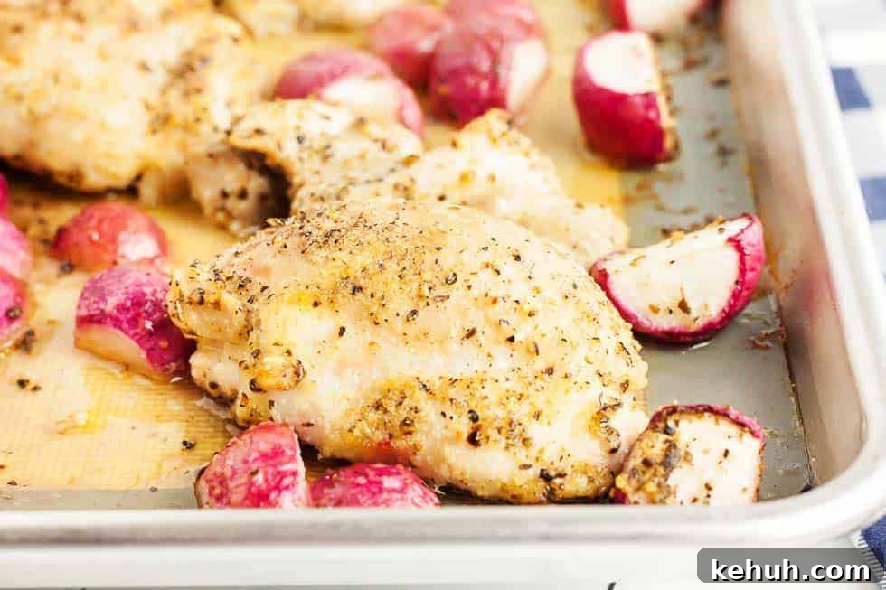 Keto 4th of July Recipes for Your Patriotic Cookout 9 keto chicken thighs recipes with radishes on sheet pan after cooking