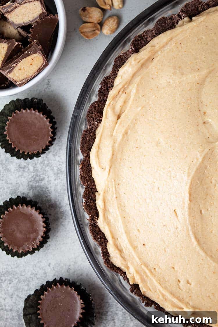 Keto 4th of July Recipes for Your Patriotic Cookout 71 overhead view of keto peanut butter pie in a glass pie dish