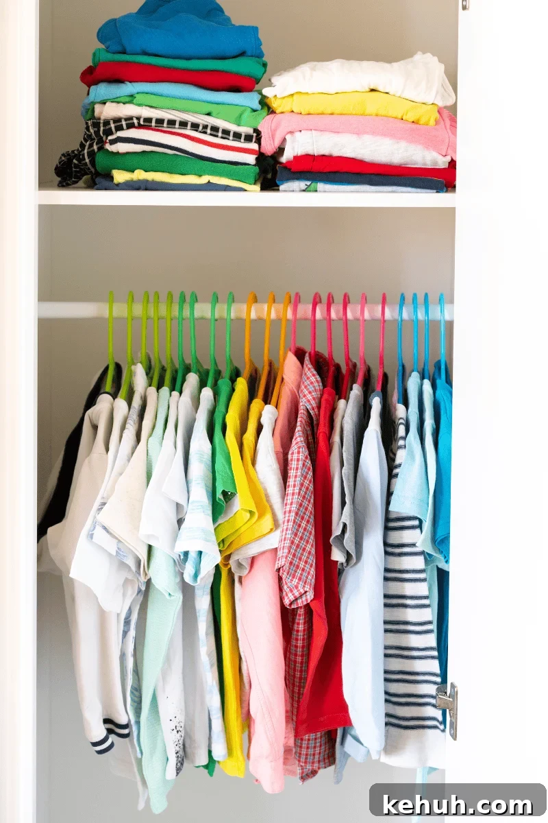 An organized kids closet with clothes stored neatly