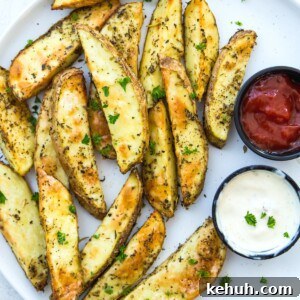 A plate of air fryer potato wedges with a side of ketchup and mayonnaise.