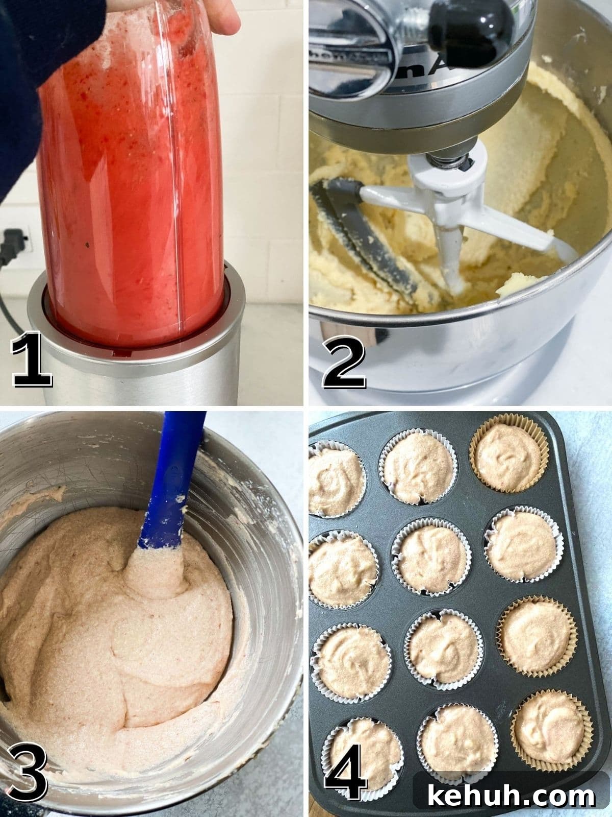 Gluten-Free Strawberry Cupcakes with Cream Cheese Frosting 4 Making strawberry puree and mixing it into cupcake batter.