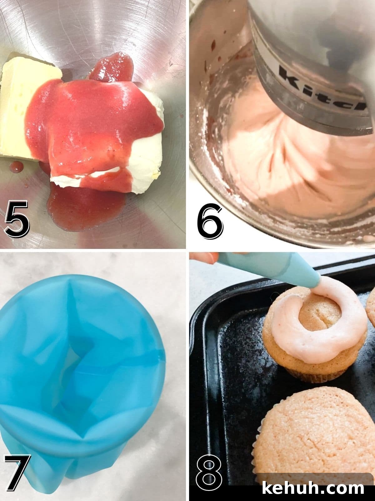 Gluten-Free Strawberry Cupcakes with Cream Cheese Frosting 5 Mixing together cream cheese frosting and piping it on a cupcake.